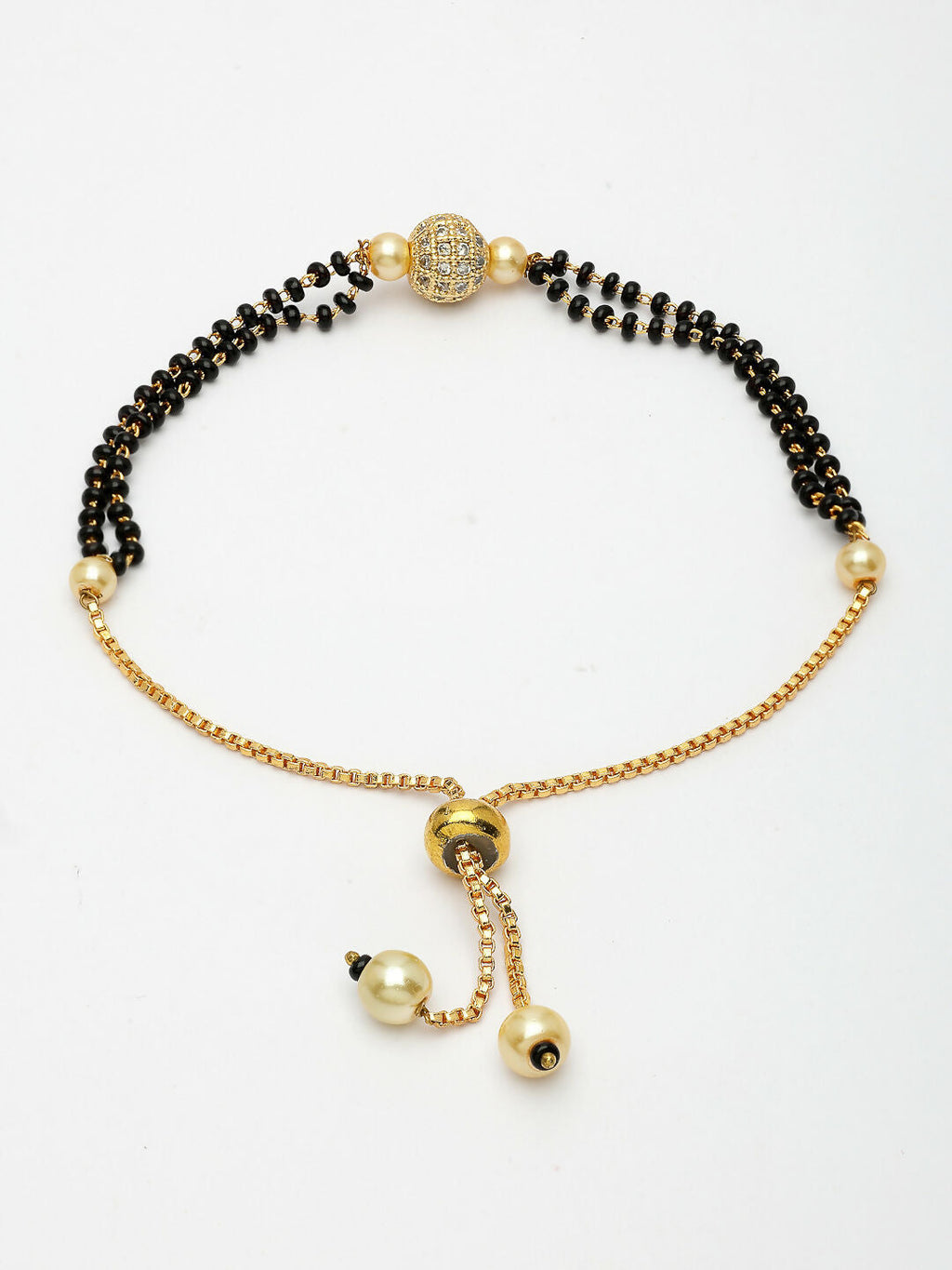 NVR Women Gold-Polished & Black Brass AD-Studded Hand Mangalsutra Bracelet