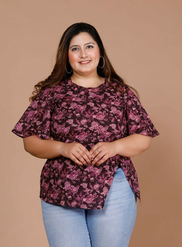 Miravan Women's Plus Size Cotton Floral Print Straight Kurti