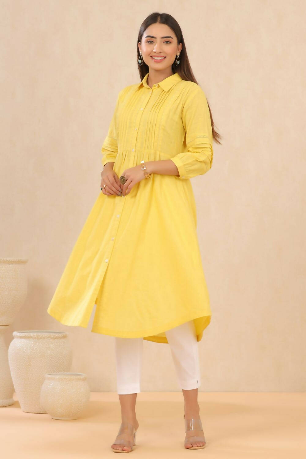 Juniper Womens Blush Yellow Cotton Slub Solid Mid Length Shirt Dress With Lace Detailing