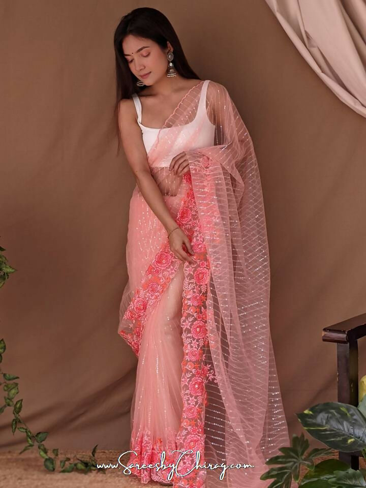 Vamsee Murari Peach Super Net Saree