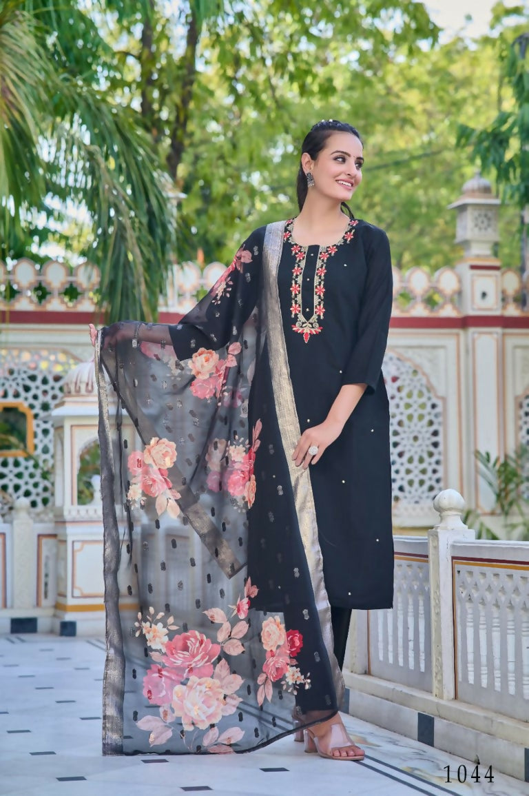 Partywear Designer Chanderi Black Stitched Suit With Dupatta - Tanisha