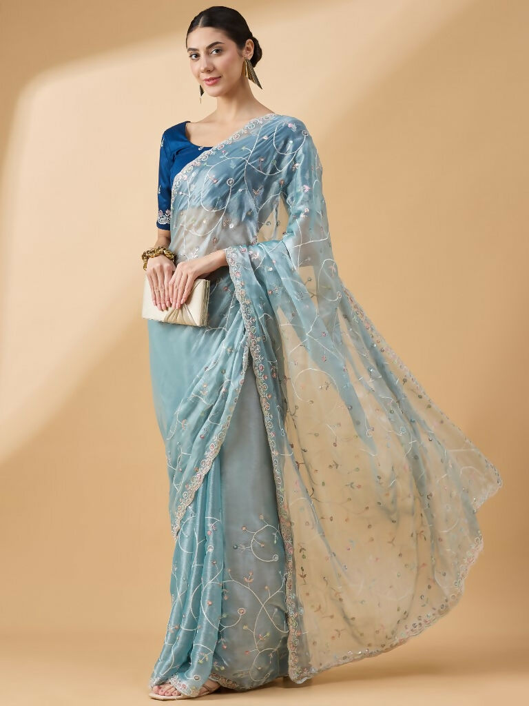 Blue Organza Sequence Embroidered Saree with Unstitched Blouse - Satya