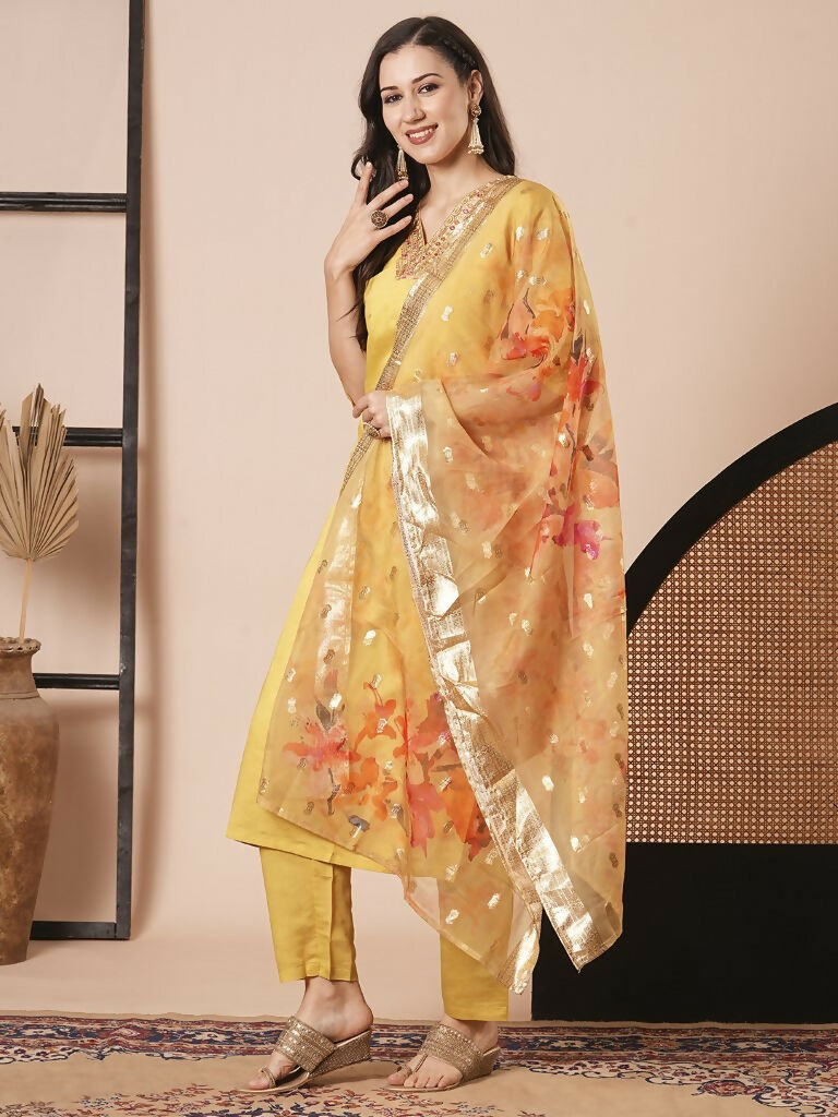 Yellow PV Chanderi Embroidery Work,Printed Kurta Set - Riya