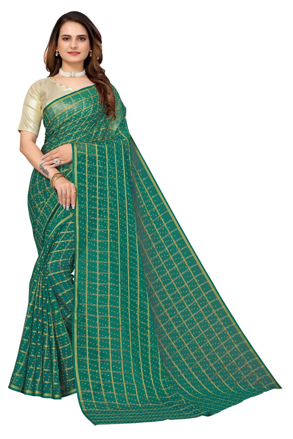 Vamika Ethnic Fire Green Jari Work Chiffon Saree