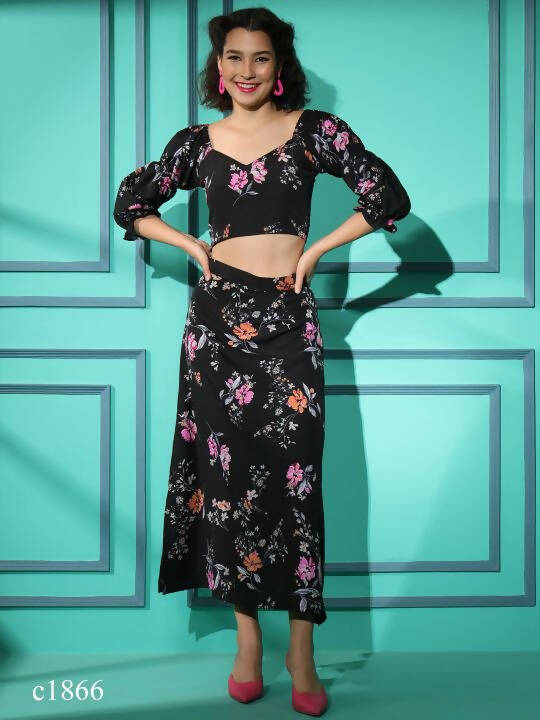 Black Crepe Floral Printed Top with Matching Skirt - Shivani