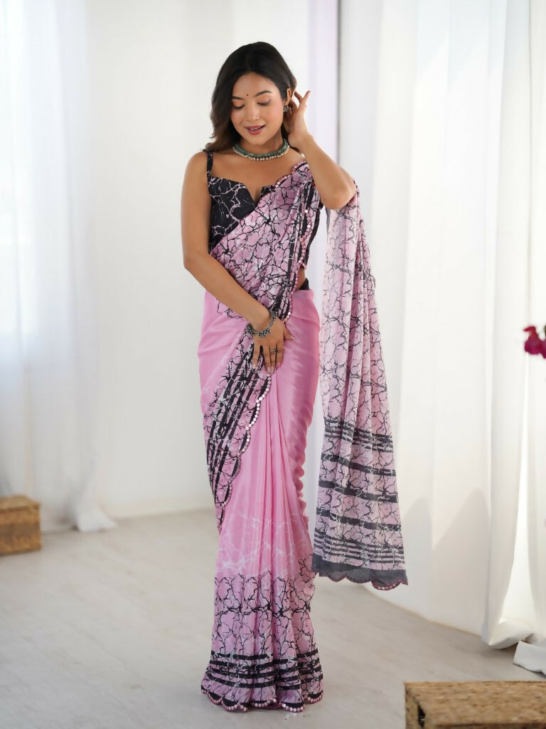 Pink Chinon Designer Digital Printed,Mirror Cut Work Saree - Sohni