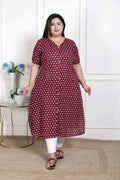 Miravan Women's Plus Size Relaxed Fit Red Floral Printed A-Line Pure Cotton Kurta