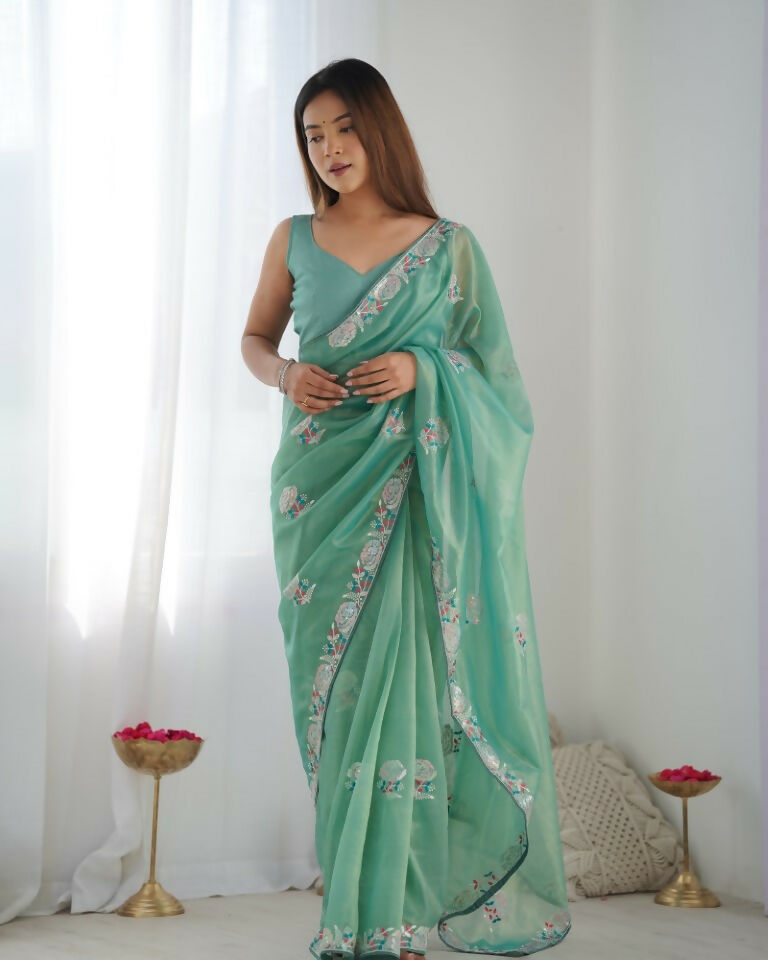 Sea Green Gold Twill Net Multy Thread, Sequance Embroidery Work Saree - Kriti