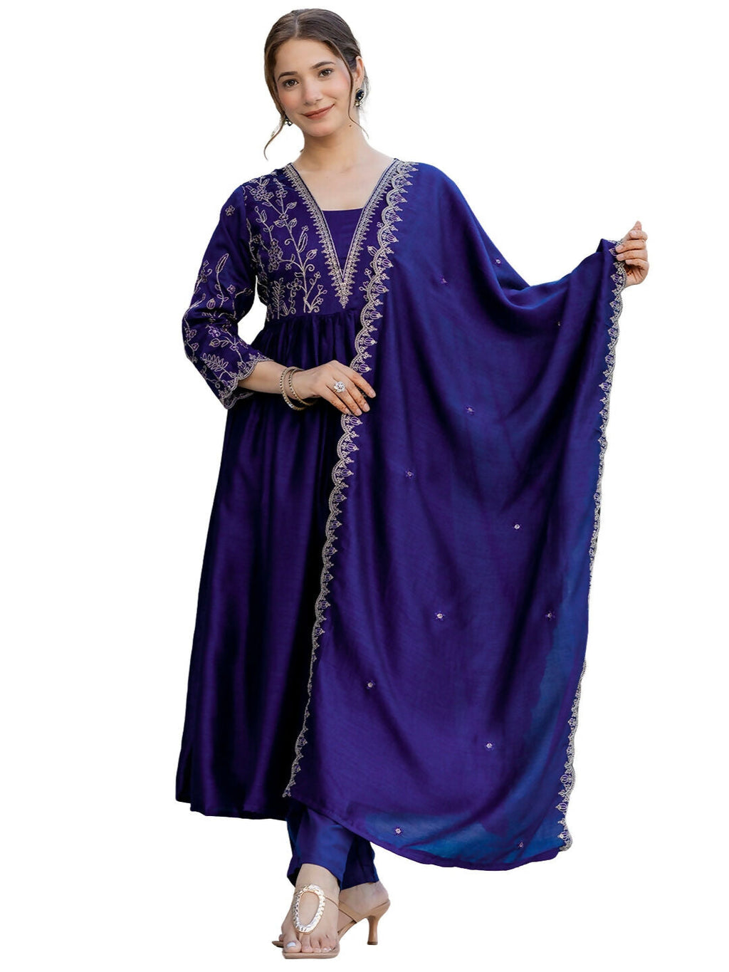 The52 Blue Women's Beautiful Embroidered Vichitra Silk Fabric with Flared Kurta, Pant and Dupatta Set