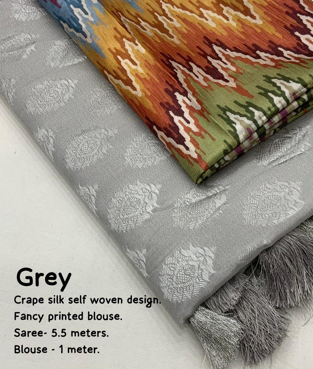 Grey Poly Crepe Ethnic Motifs Saree with Unstitched Blouse - Hiral Fashion