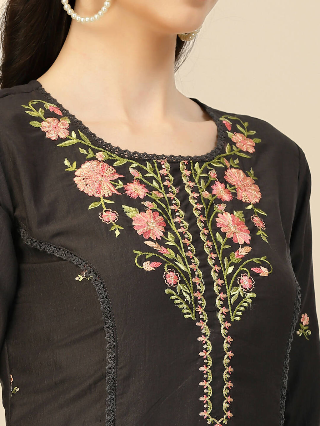Black Embroidered Chinon Straight Kurta With Trouser & Dupatta - Salimar