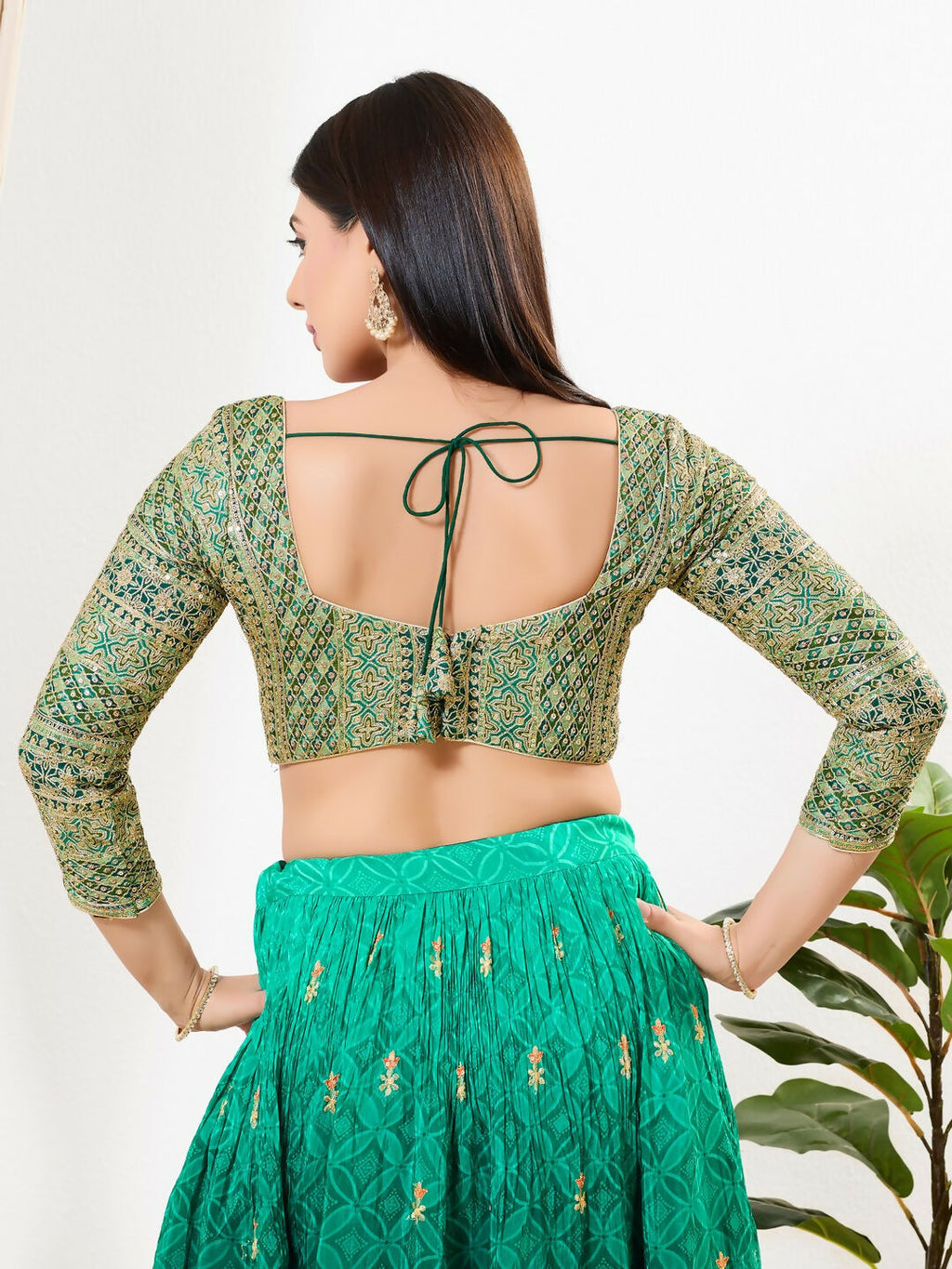 Joban Fashion Green Multi Silk Padded Blouse With Sweetheart Neck 3/4 Sleeves