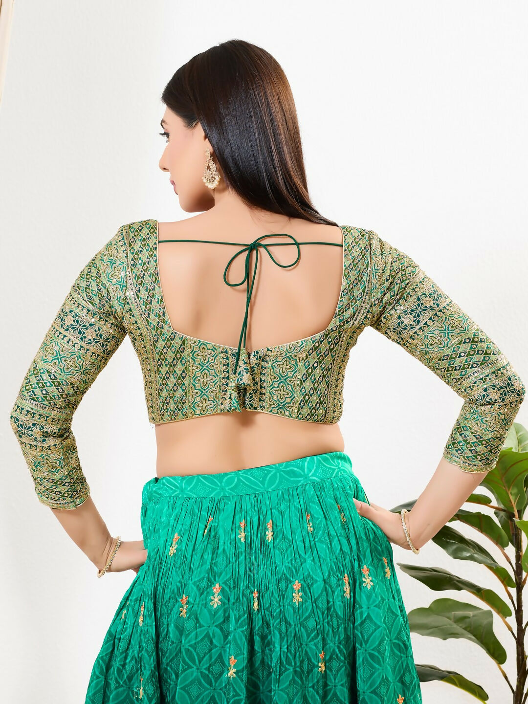 Joban Fashion Green Multi Silk Padded Blouse With Sweetheart Neck 3/4 Sleeves