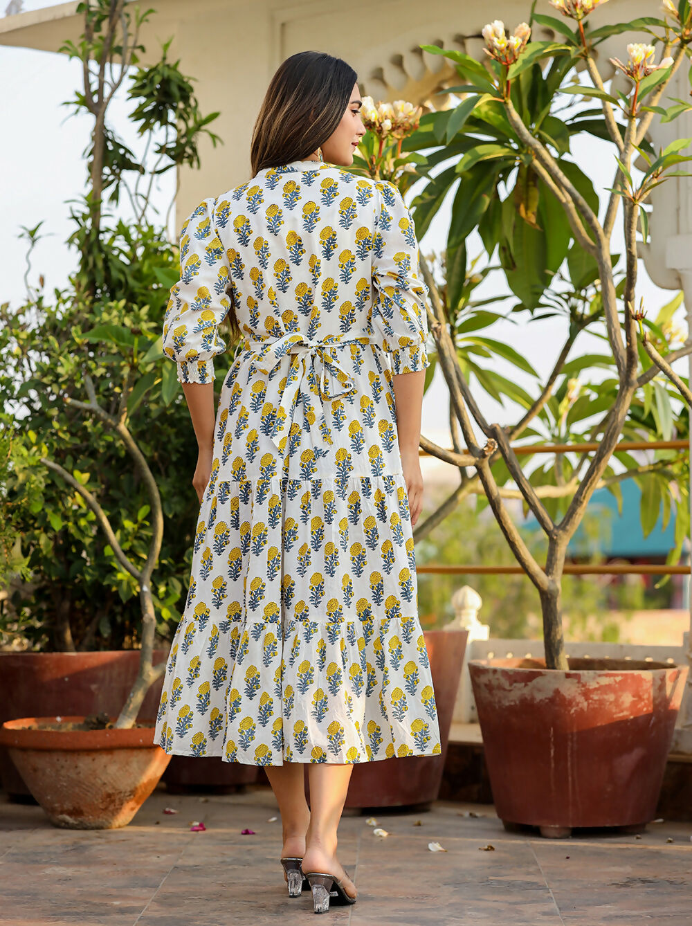 Kaajh Women's White-Yellow Ethnic Floral Hand Block Print Cotton Dress