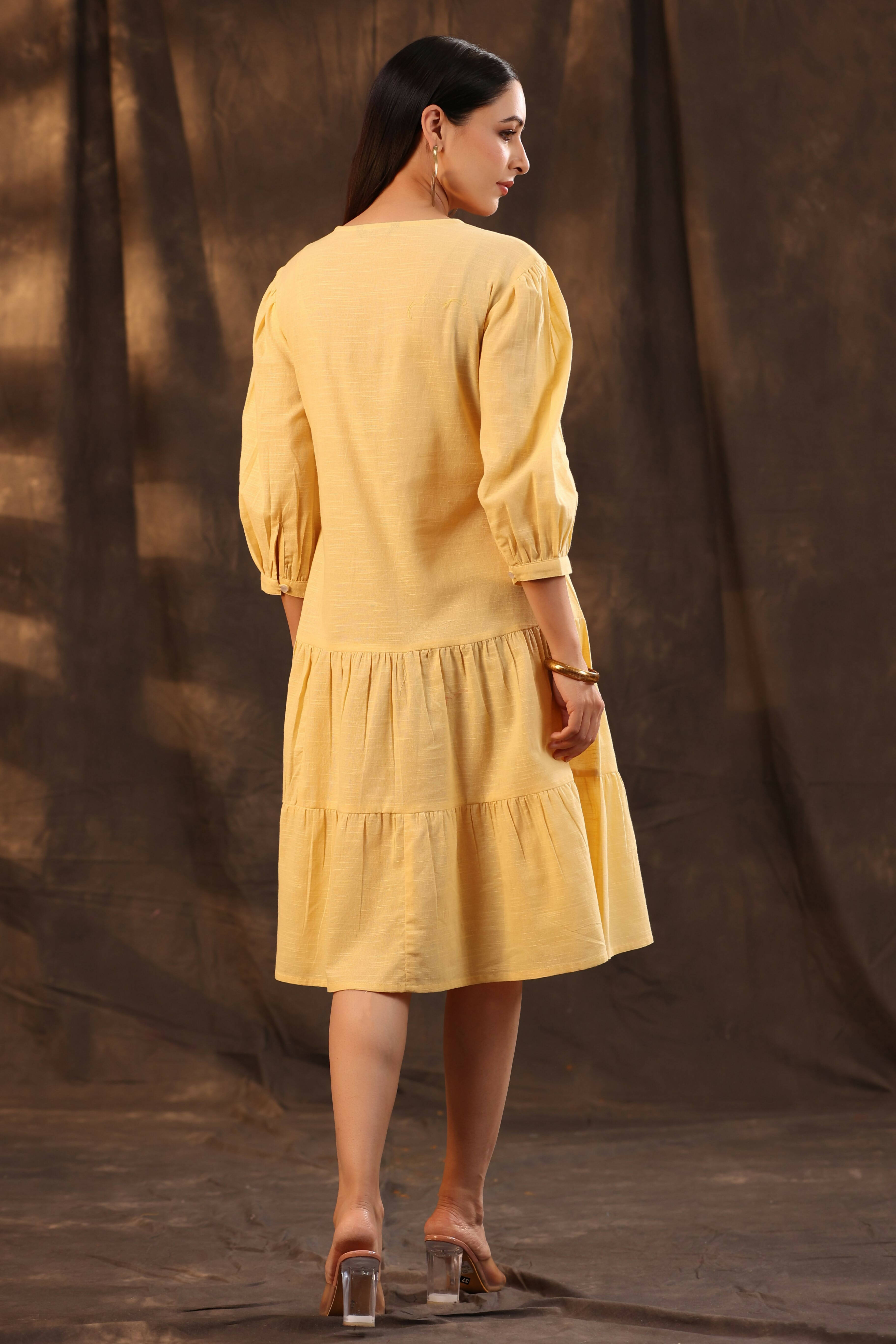 Juniper Women's Yellow Cotton Slub Solid Embroidered Tiered Dress