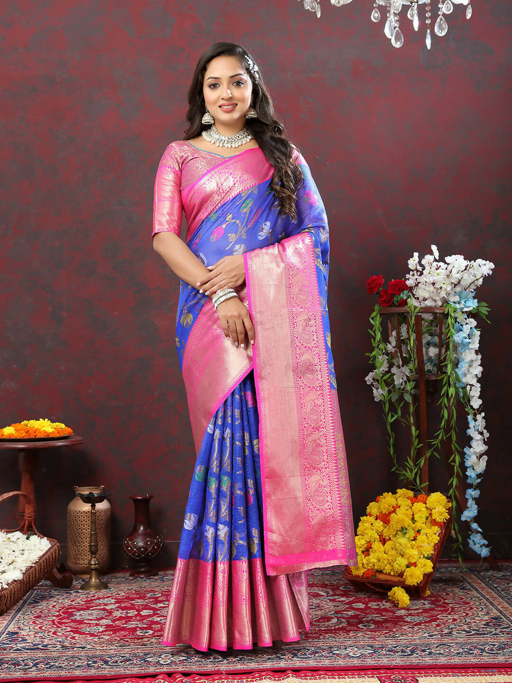 Lorenvalley Fashion Blue Cotton Woven Design Zari Meenakari Weaving Saree