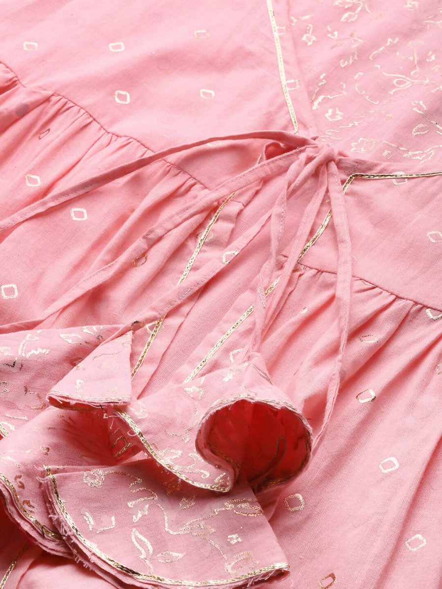 Ahalyaa Pink & Gold Ethnic Printed Layered Front Slit Cotton Anarkali Kurta Palazzos