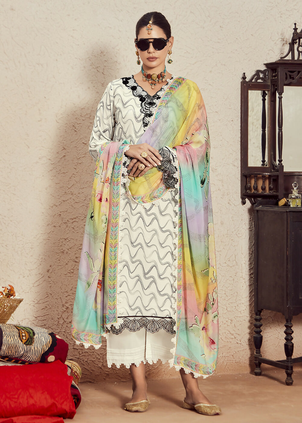 Muslin Cotton Off White Digital Print & Embroidered Salwar Suit - Emponline