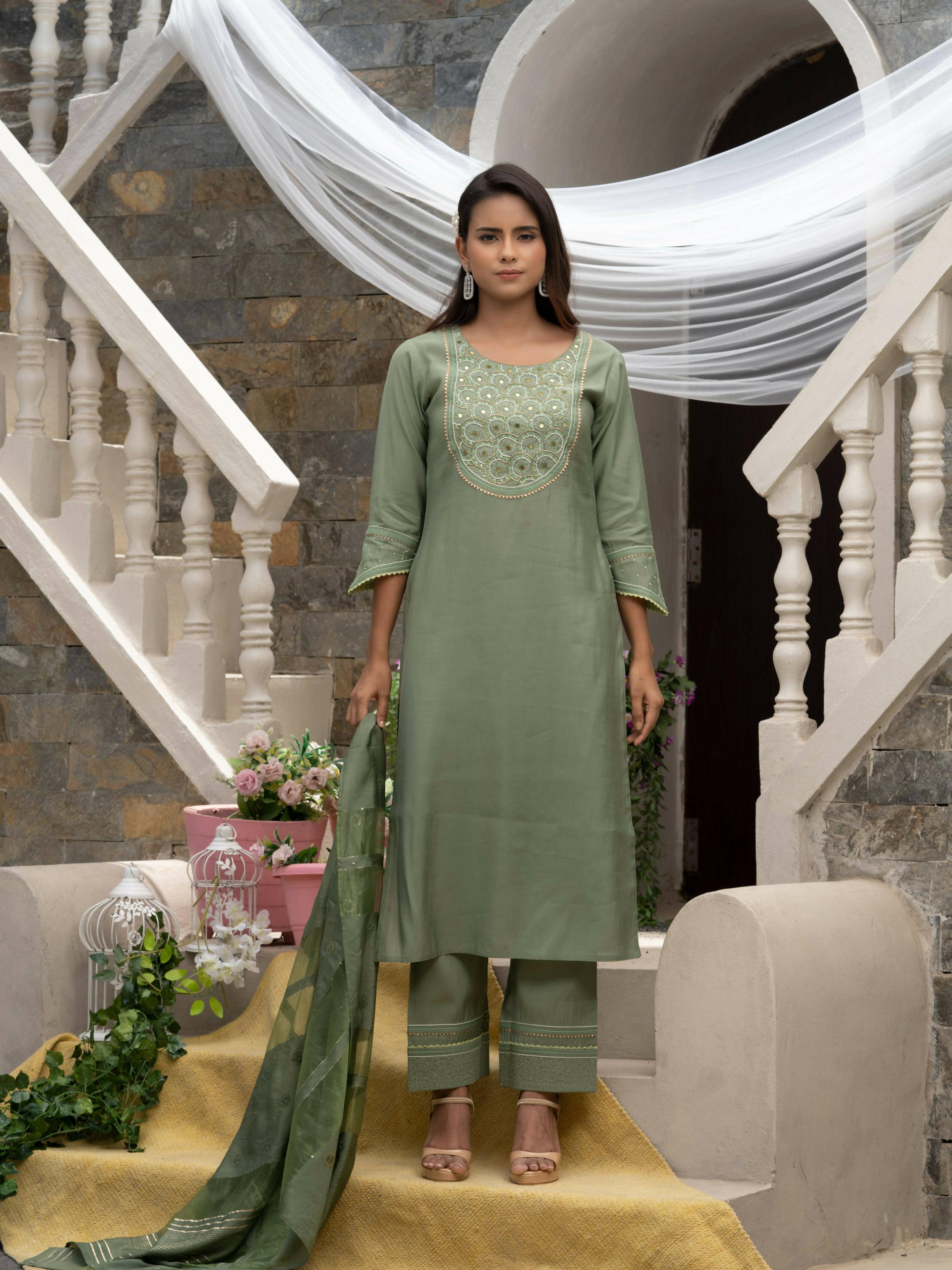 Green Roman Silk Plain Kurta with Pant & Dupatta - Disha
