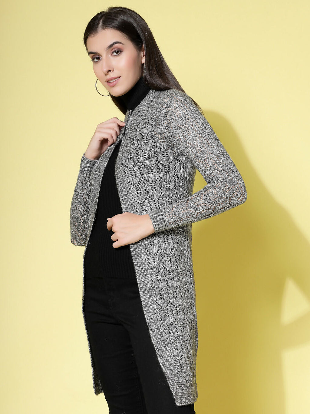 Women Self Design Long Grey Acrylic Winter Shrug - Wool Trees