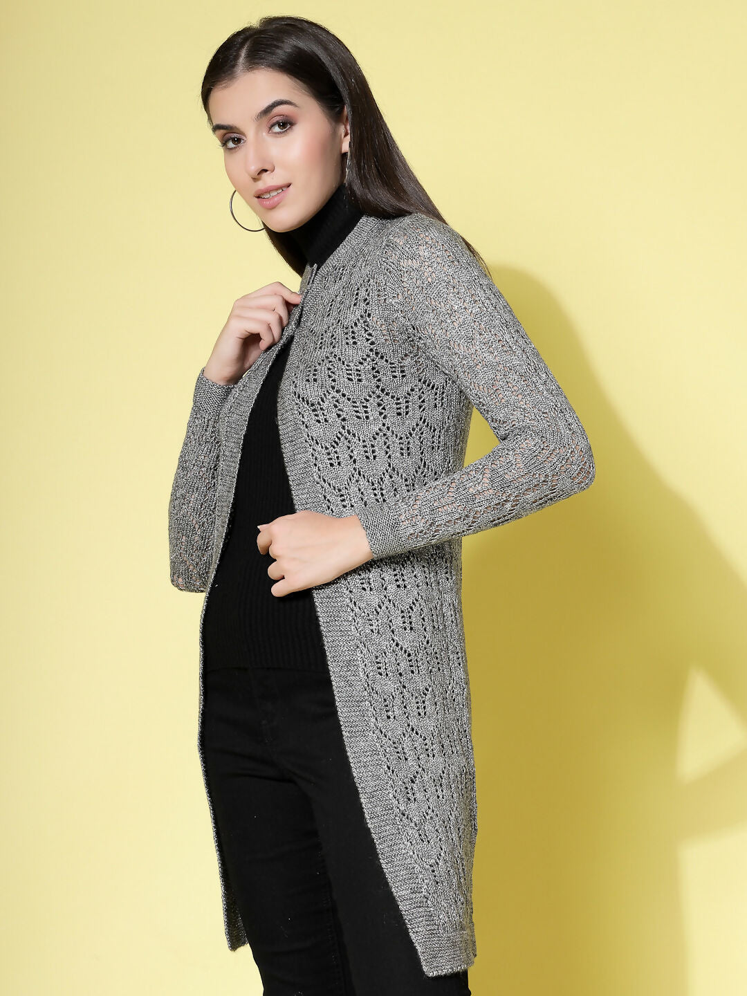 Women Self Design Long Grey Acrylic Winter Shrug - Wool Trees