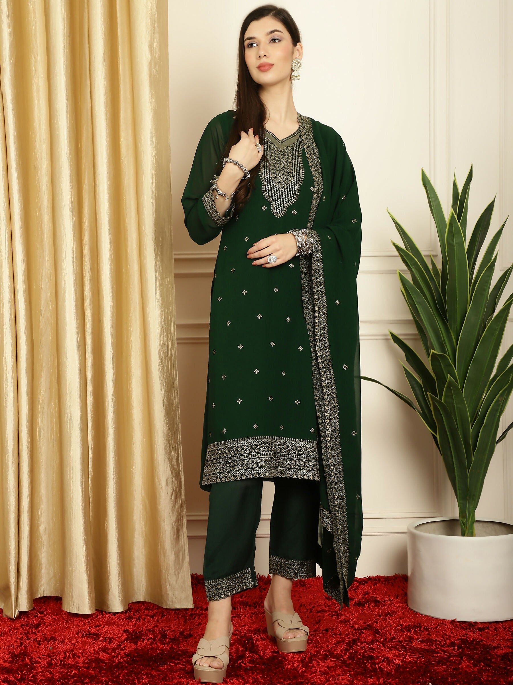 Jyoti Fashion Women's Green Georgette Resham Thread & Sequin Kurta with Trouser & Dupatta