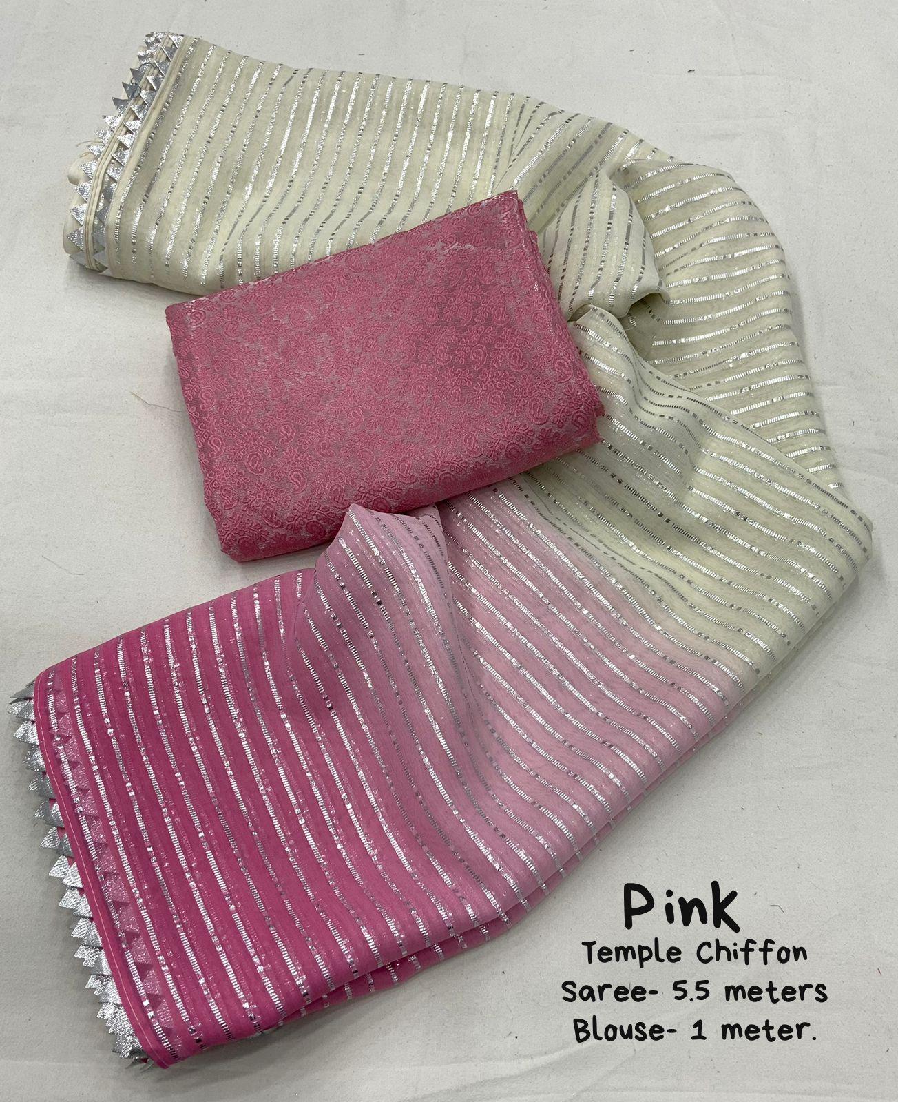 Pink Poly Chiffon Striped Saree with Unstitched Blouse - Hiral Fashion