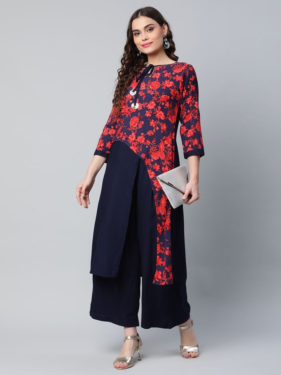 Ahalyaa Women's Navy Blue Rayon Wax Printed Kurta Palazzo Set