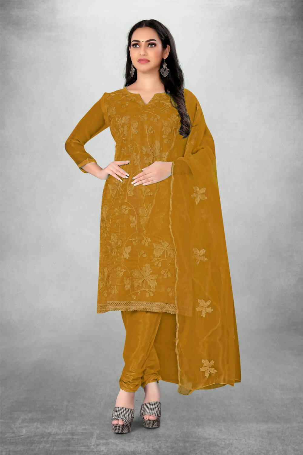 Mustard Heavy Organza Silk Embroidered Unstitched Dress Material - Amara