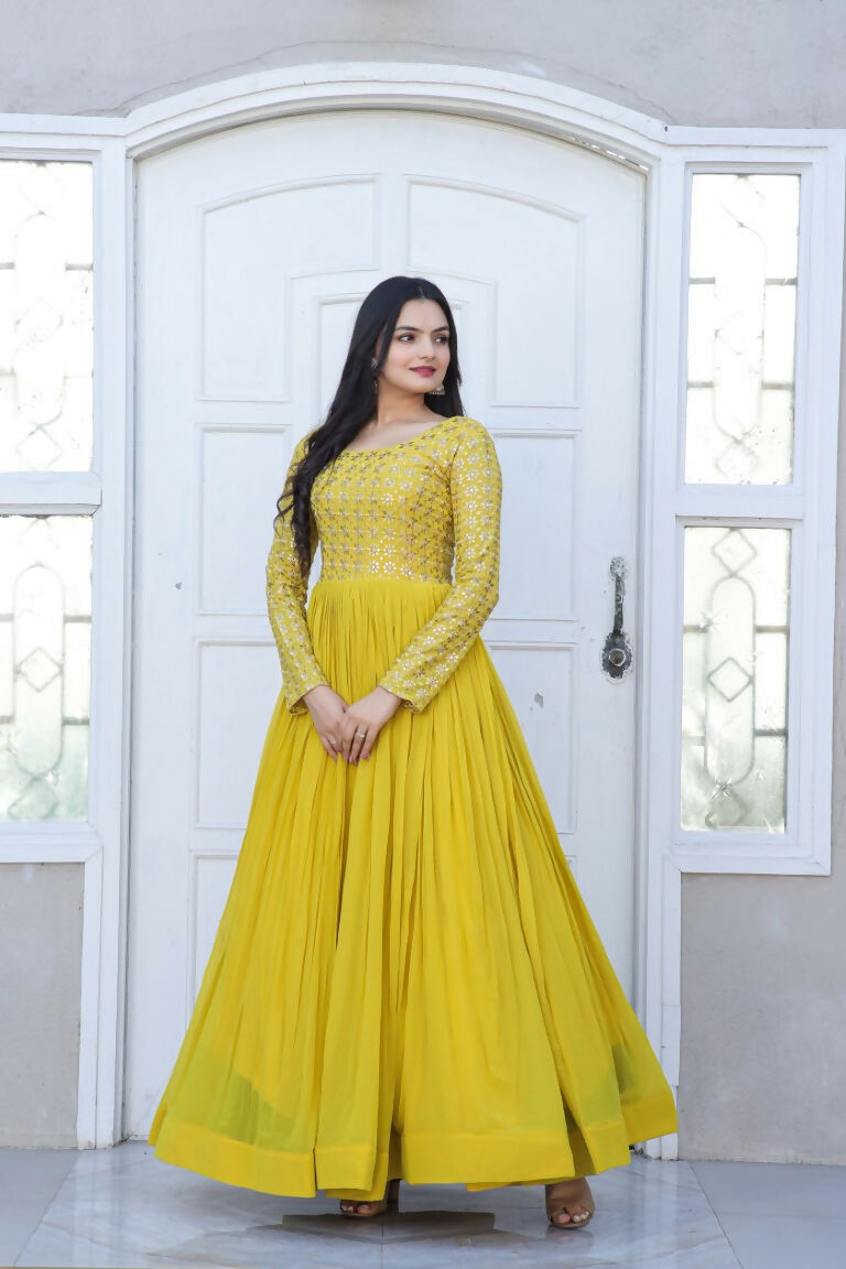 Jyoti Fashion Women's Yellow Sequence Zari Embroidered Faux Blooming Anarkali Dress