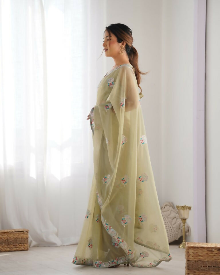 Pista Gold Twill Net Multy Thread, Sequance Embroidery Work Saree - Kriti