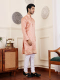 Peach Viscose Woven Jacquard Work Men's Rajwadi Kurta Set - Mahotsav