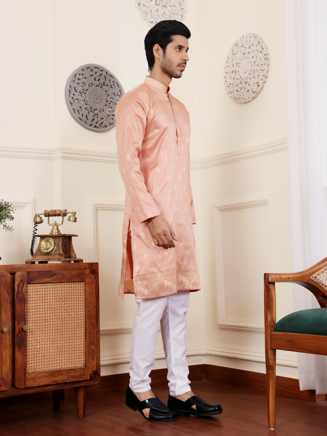 Peach Viscose Woven Jacquard Work Men's Rajwadi Kurta Set - Mahotsav