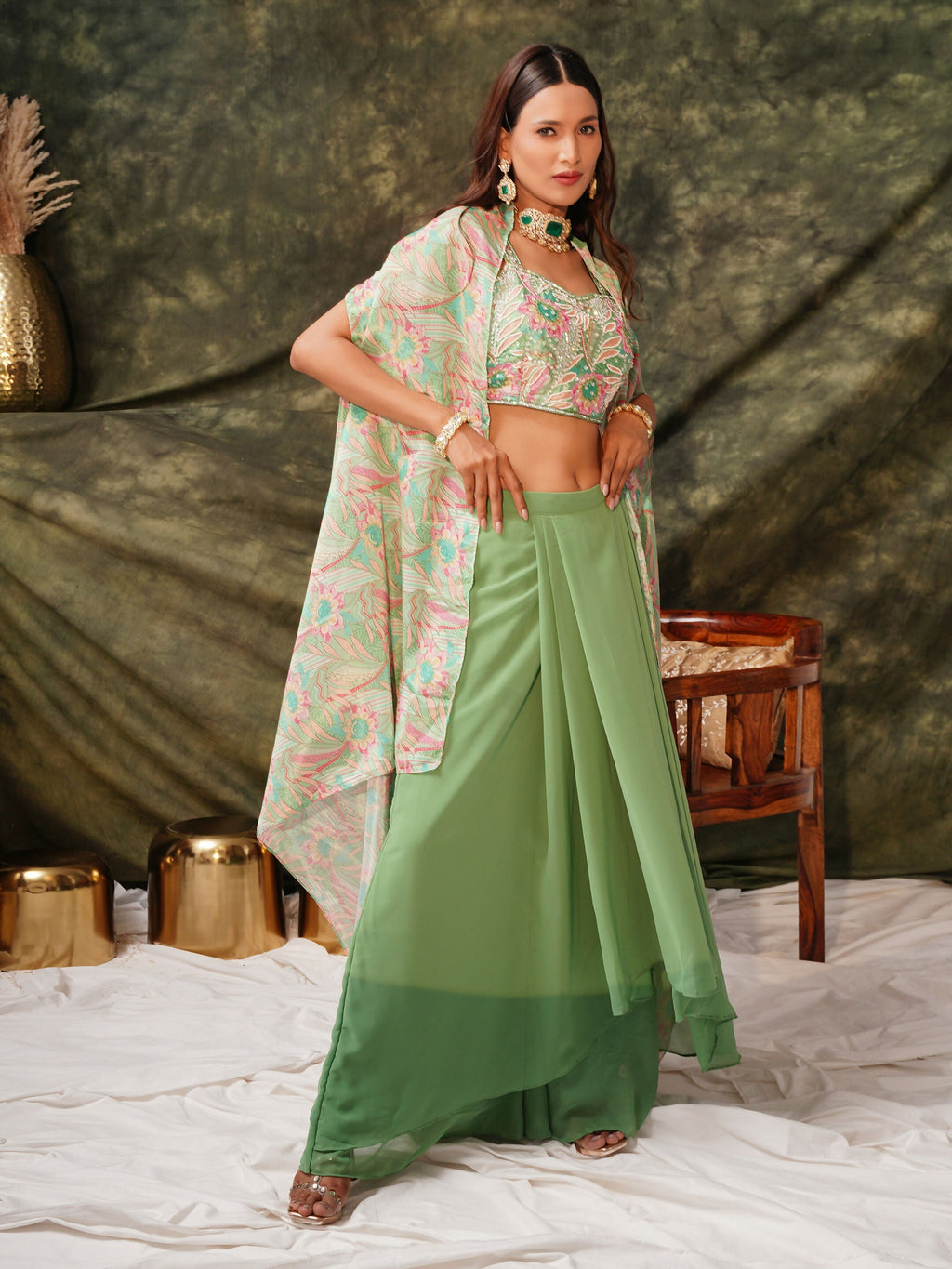 Green Pure Georgette Handwork Top with Skirt & Shrug - Naomika