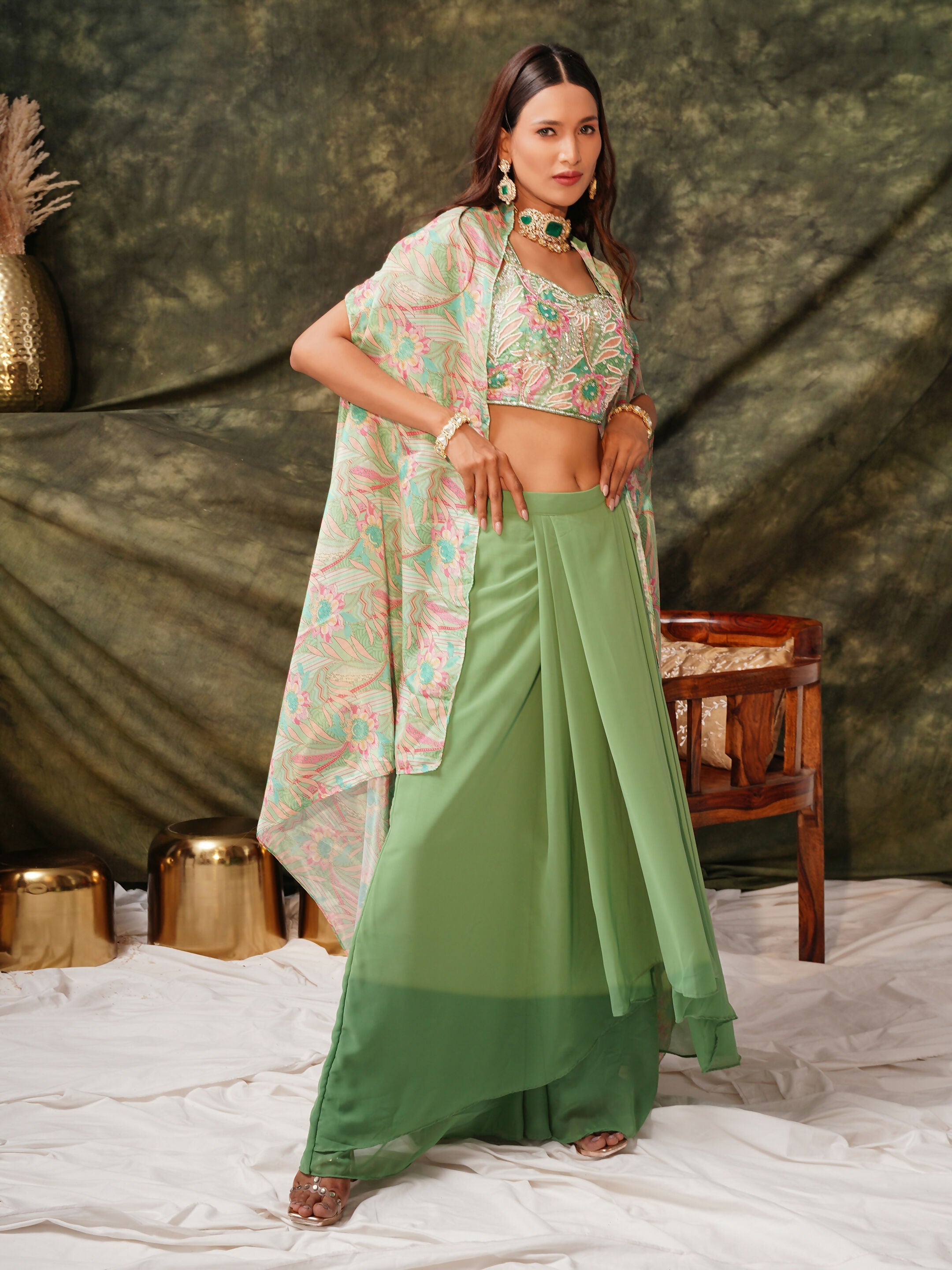 Green Pure Georgette Handwork Top with Skirt & Shrug - Naomika