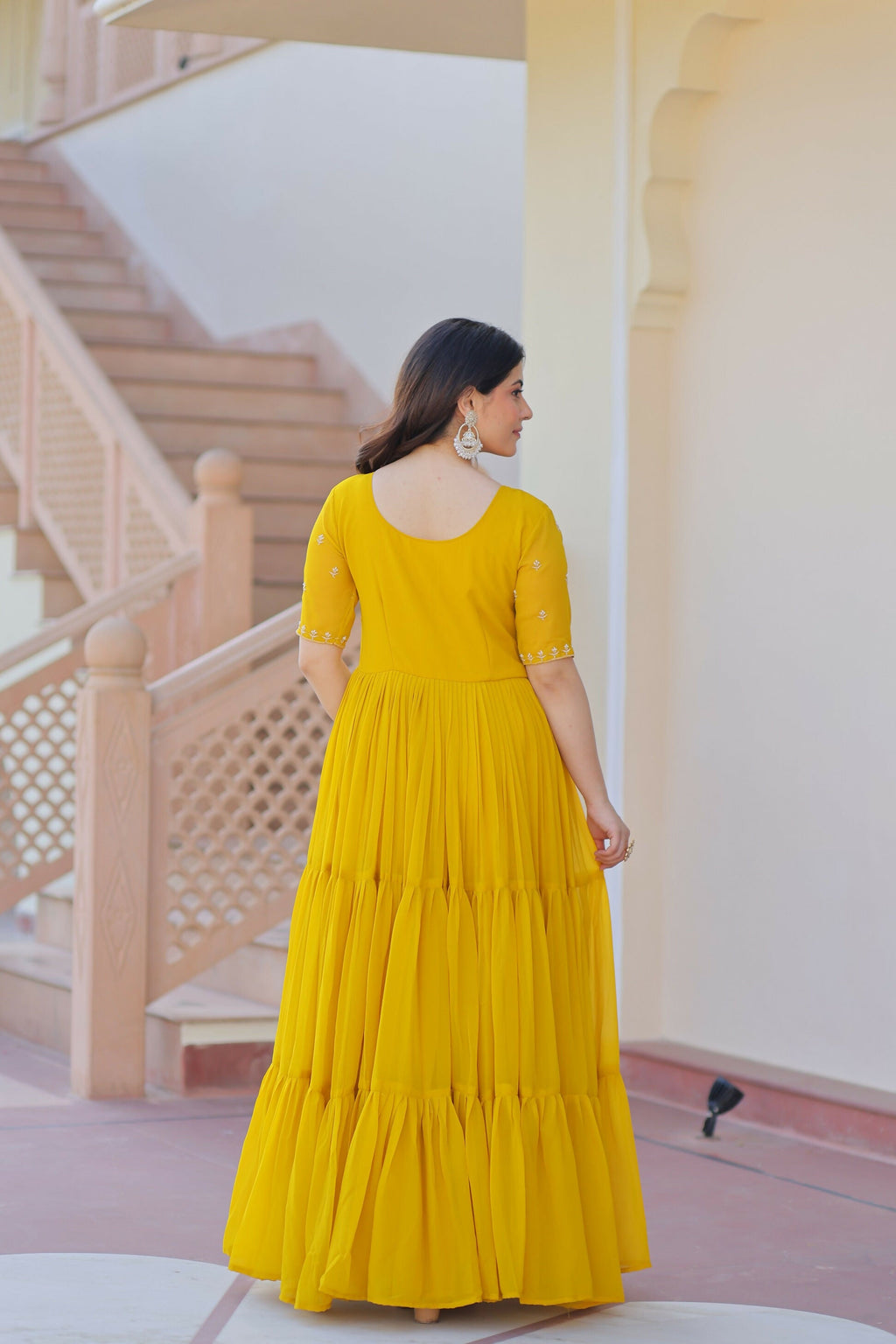 Joban Fashion Yellow Georgette Sequence Embroidery Work Gown