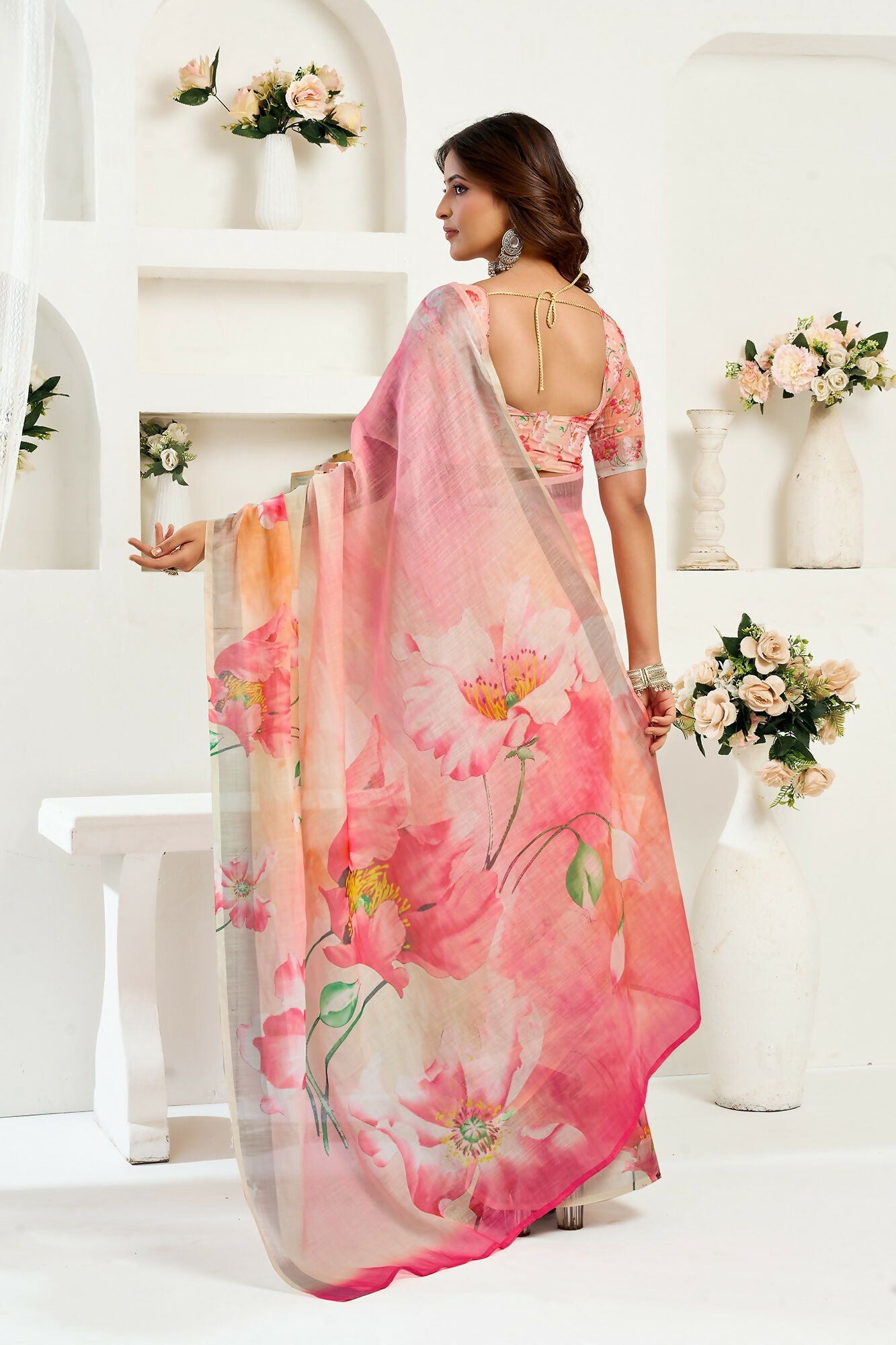 Vastranavya Peach Digital Printed Linen Ready To Wear Designer Saree with Unstitched Blouse