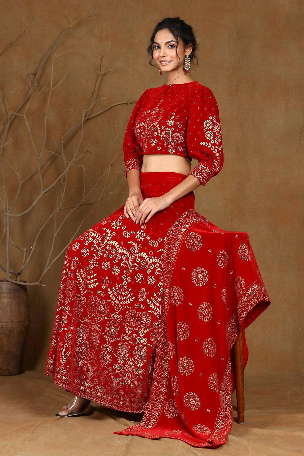Juniper Women Maroon Velvet Printed Flared Lehenga Choli Sets