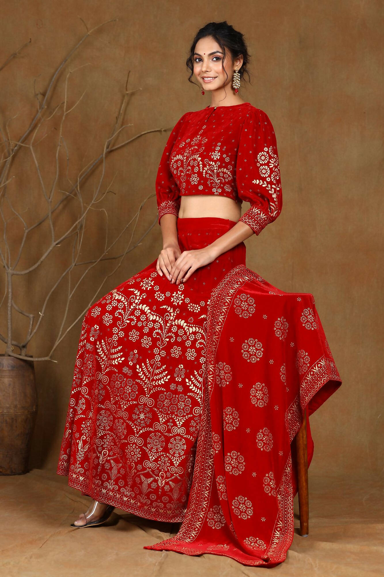 Juniper Women Maroon Velvet Printed Flared Lehenga Choli Sets
