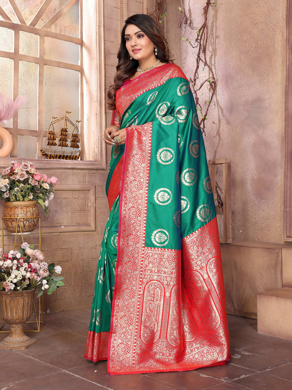 Joban Fashion Green Banarasi Soft Silk Woven Saree