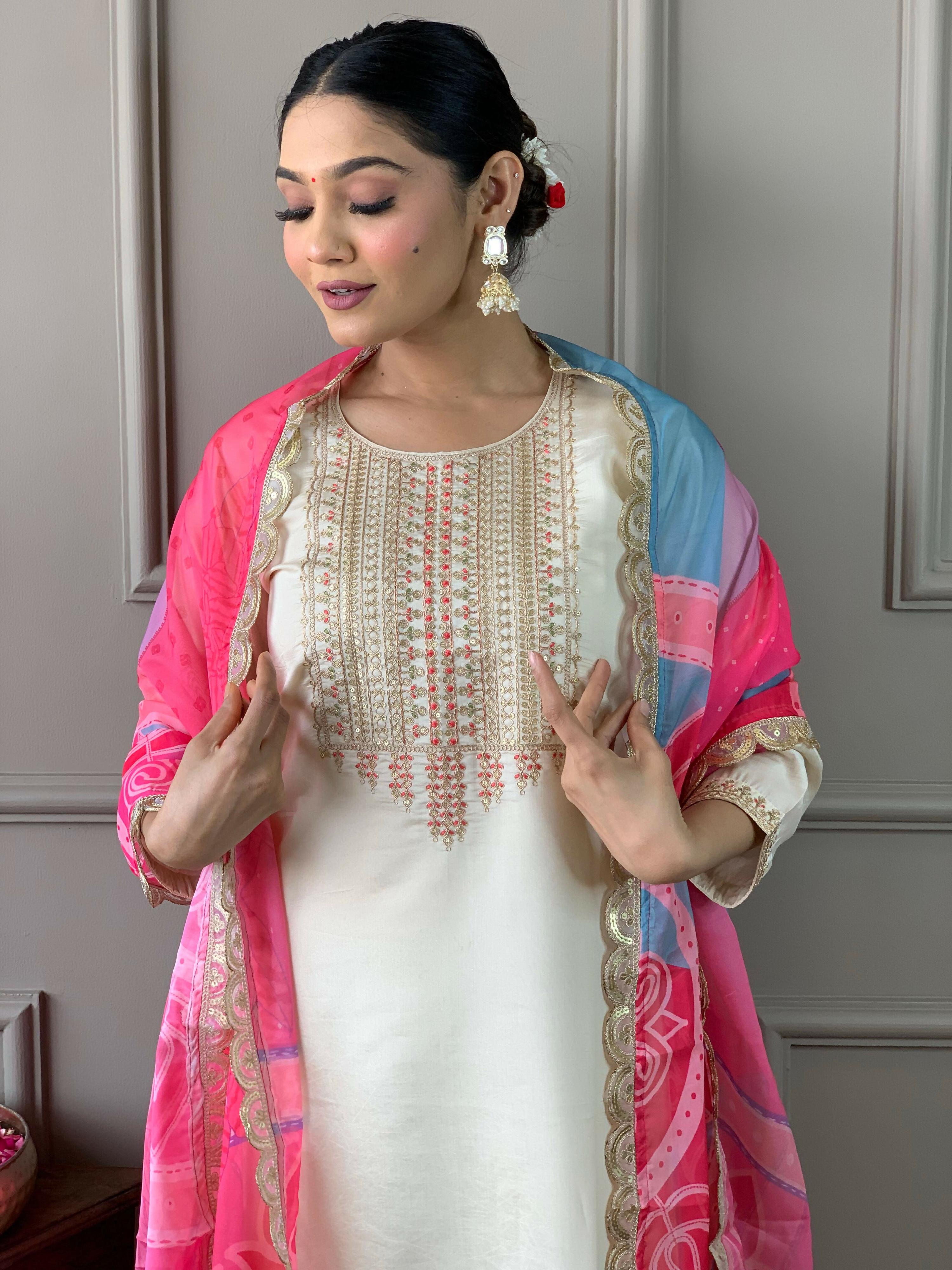 Partywear Designer Viscose Chanderi Off White & Pink Stitched Suit With Dupatta - Anbazaar