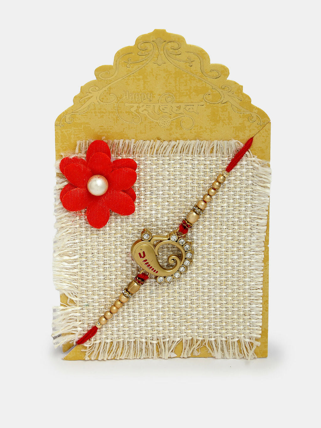 NVR Men Set of 2 Gold-Toned Ganesha Stone-Studded Rakhi With Roli Chawal & Chocolate