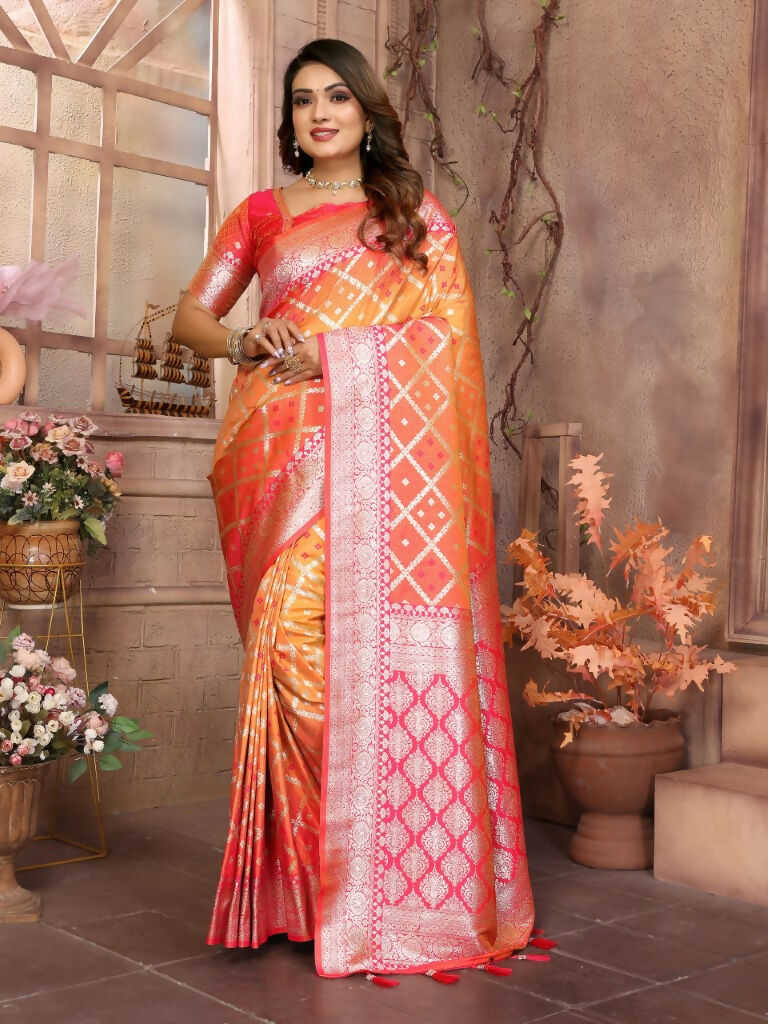 Anaita Orange kochi Silk With Beautiful Checks Weaving Saree With Blouse