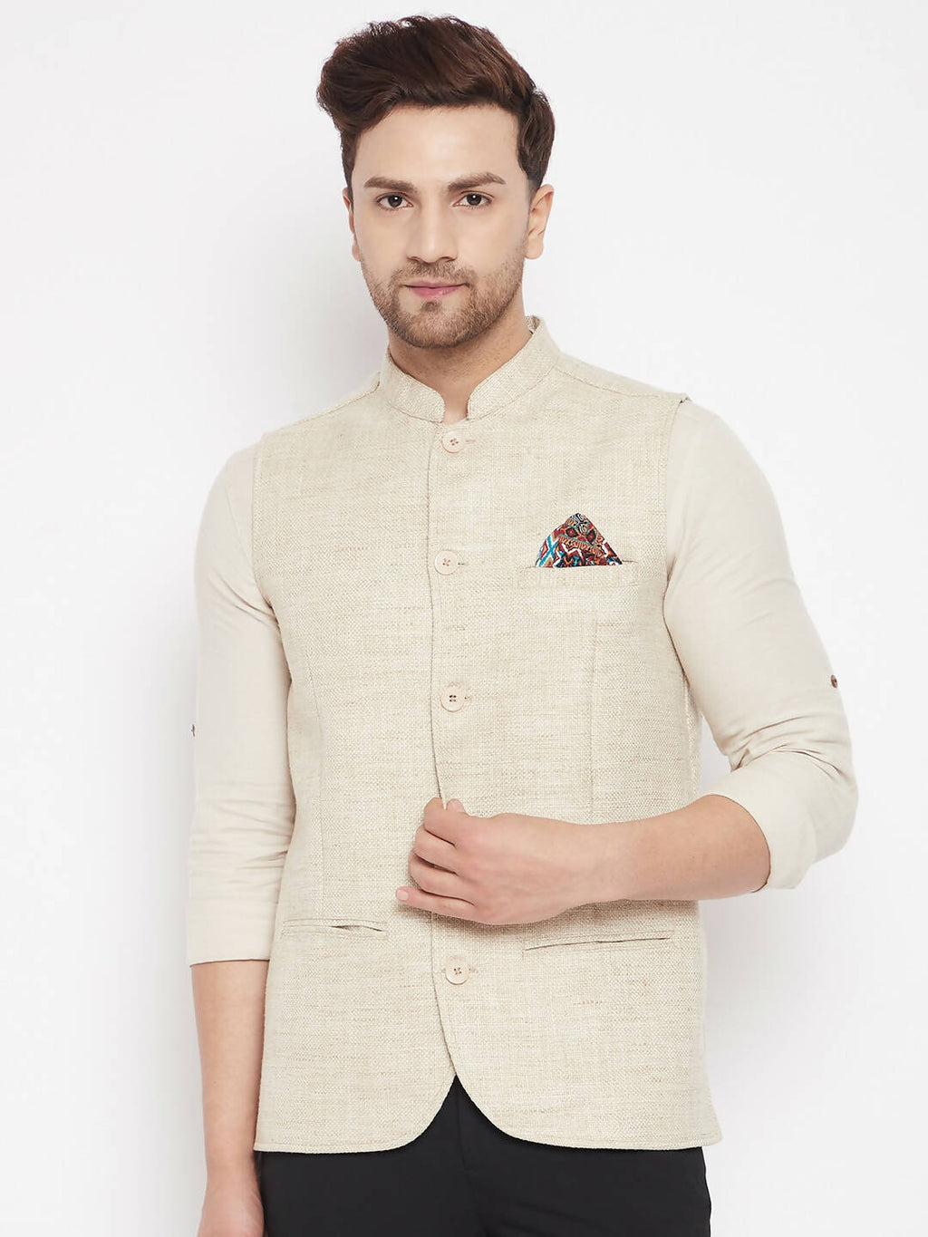 Even Apparels Beige Linen Men Woven Nehru Jacket