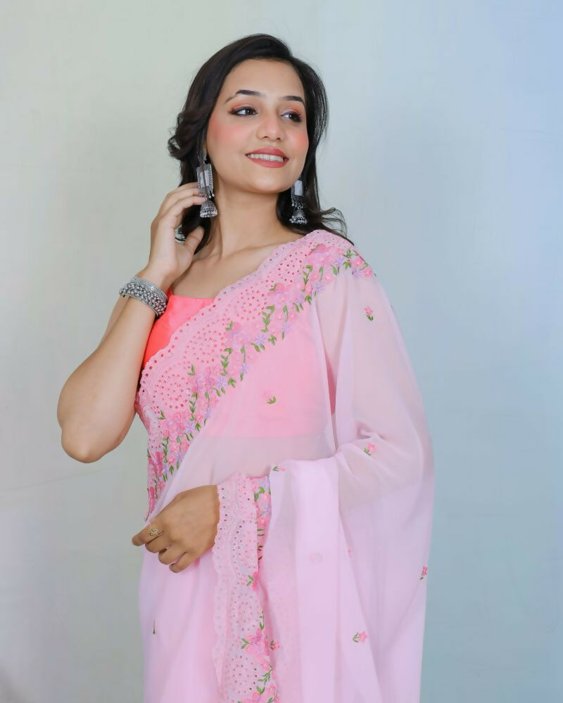 Vamsee Rashmika Baby Pink Georgette Saree