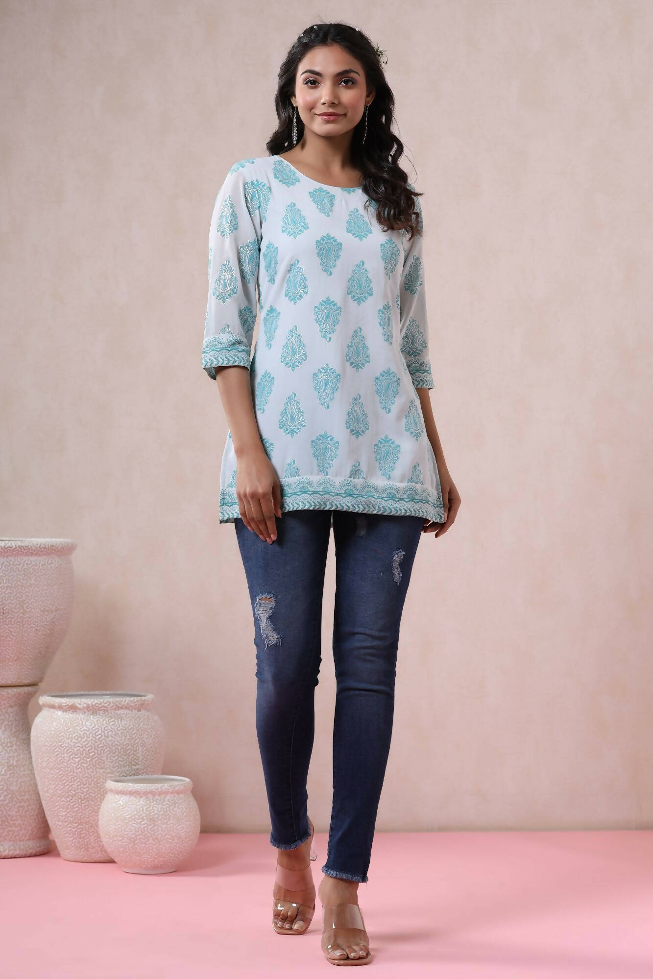 Juniper Women Bluemulti Georgette Printed Straight Tunic