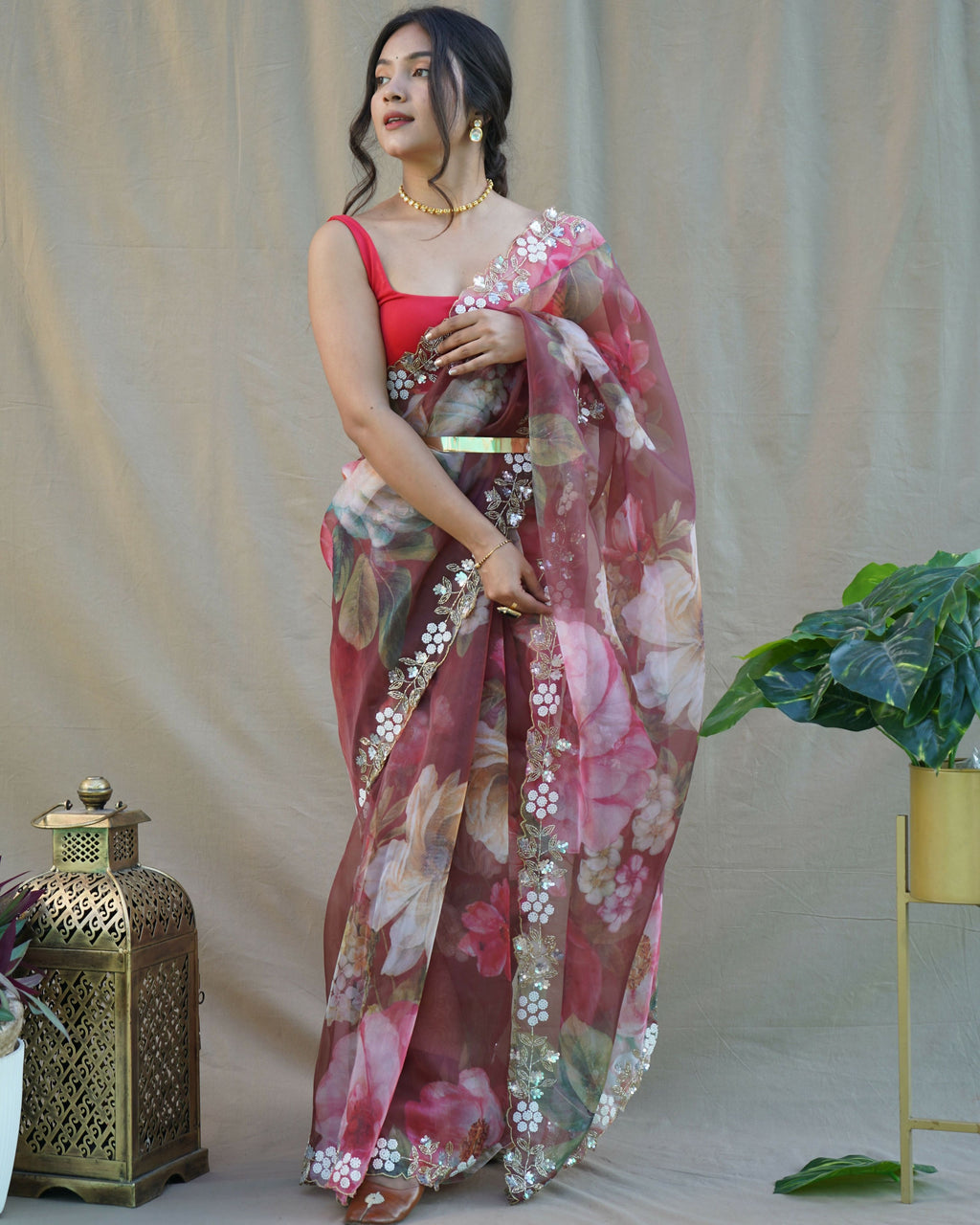 Vamsee Sarangi Red Organza Saree