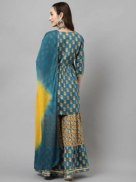 FIORRA Women's Tuquise Pure Cotton Flared Kurta & Sharara With Dupatta
