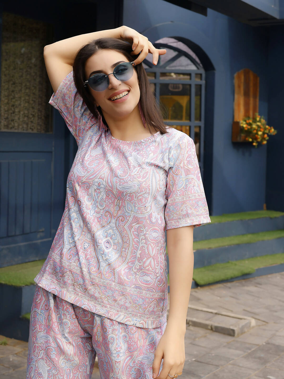 Pink Rayon Paisley Printed Top with Matching Bottom - Eesha