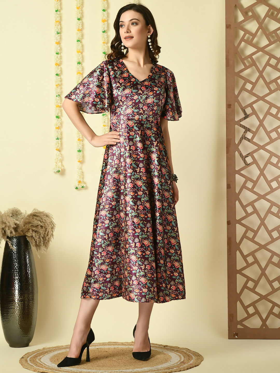 Myshka Women's Multi Printed Velvet Party Dress